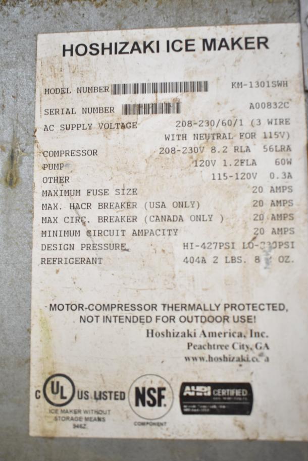 Hoshizaki KM-1301SWH ice maker label, showing model and serial numbers, voltage, and certifications.