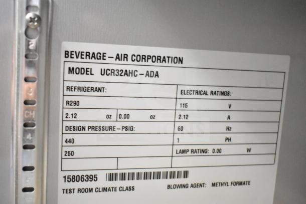 Beverage Air UCR32AHC-ADA commercial cooler label showing electrical ratings: 115V, 2.12A, 1 phase; refrigerant R290.