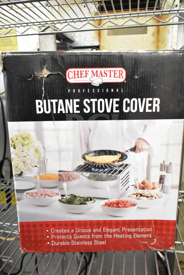 BRAND NEW SCRATCH AND DENT! Chef Master 90217 stainless steel butane stove cover, 7 3/16" x 14 1/2" x 12", box damaged.