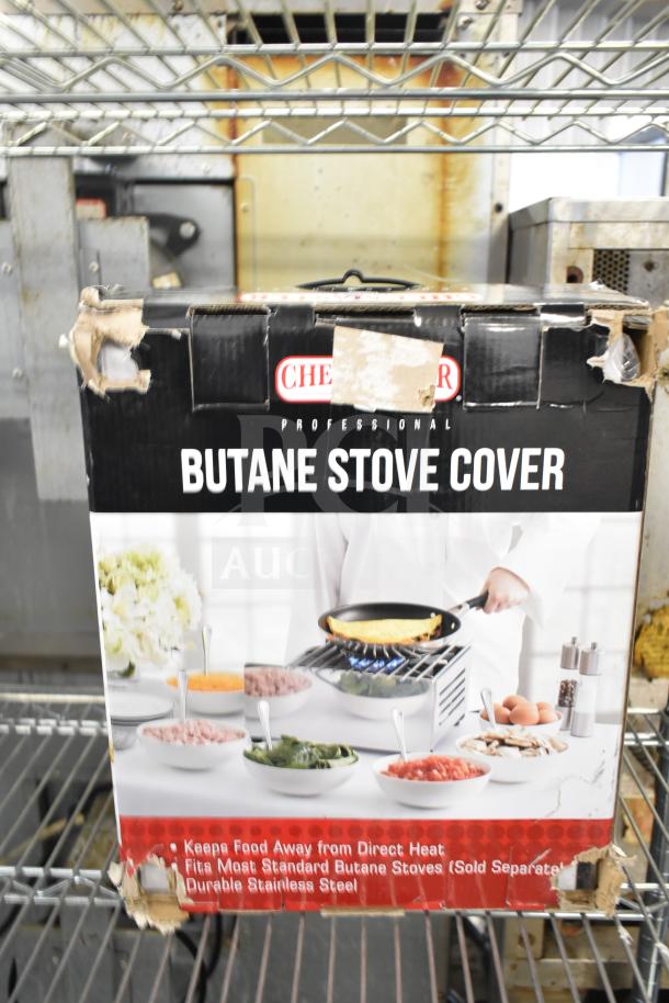 Brand new Chef Master 90217 stainless steel butane stove cover, 7 3/16" x 14 1/2" x 12", in scratched box.