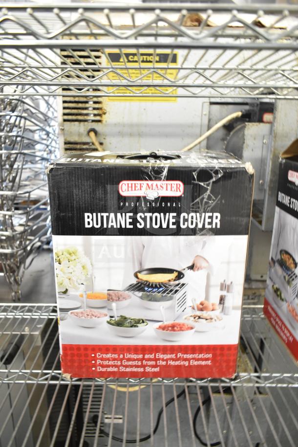 Chef Master 90217 stainless steel butane stove cover, 7 3/16" x 14 1/2" x 12", new condition despite scratches.