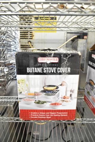 Chef Master 90217 stainless steel butane stove cover, 7 3/16" x 14 1/2" x 12", new condition despite scratches.