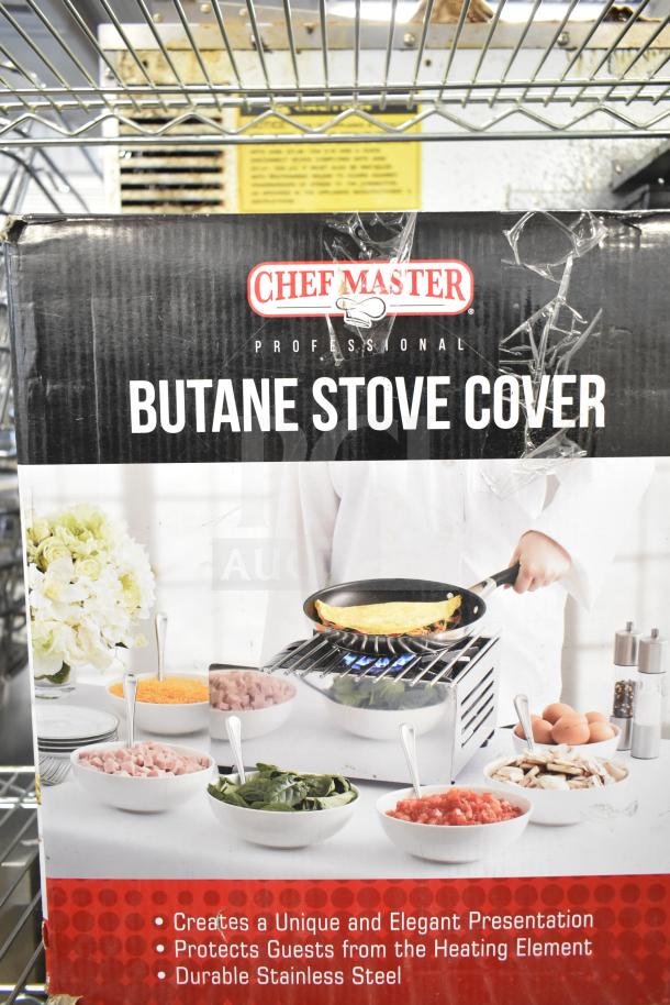 Chef Master 90217 stainless steel butane stove cover, 7 3/16" x 14 1/2" x 12", durable, with scratches and dents.