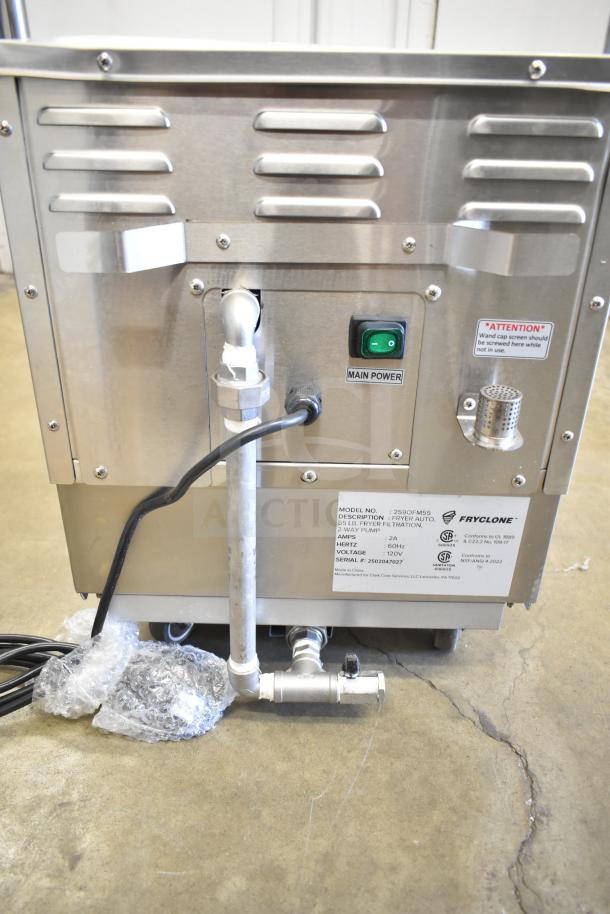 "Brand new Fryclone 259OFM55 fryer oil filter machine, 55 lb. capacity, main power switch, model and safety labels visible."