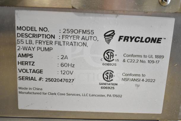 BRAND NEW Fryclone 259OFM55 fryer oil filter machine, 55 lb. capacity, 120V, 1 phase, scratch and dent condition, with tags.