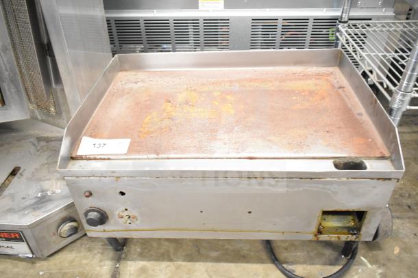 Countertop electric flat top griddle, 208 volts, 1 phase, with visible rust and wear on the cooking surface, auction lot 137.