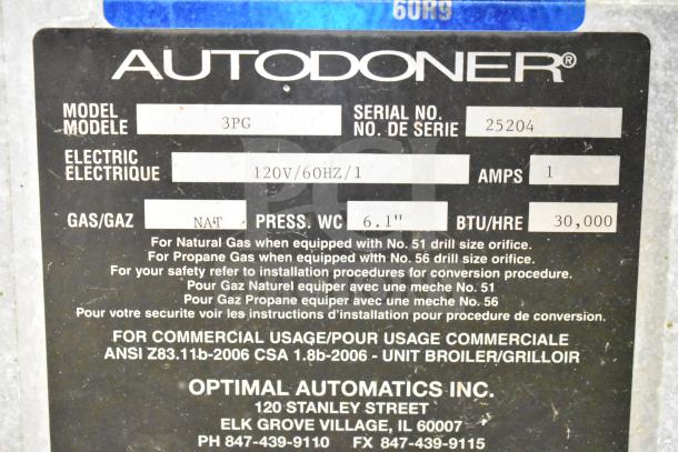 Autodoner 3PG countertop natural gas vertical broiler, 30,000 BTU, model details plate shown, for commercial use.