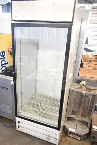 Beverage Air MT27 commercial single door cooler, used condition, 115 Volts, 1 Phase, glass front, shelving intact.