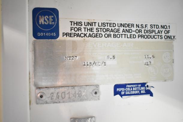 Beverage Air MT27 cooler label showing model, 115 volts, and NSF certification information.