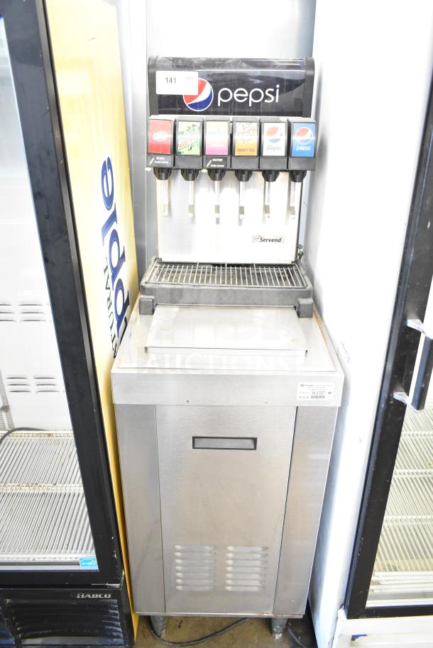 Commercial 6 flavor beverage machine on Servend DI-1522 ice bin, 115V, 1 phase, Pepsi branding, six dispensers visible.