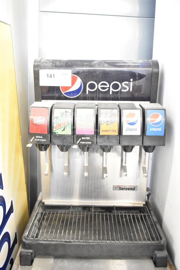 Commercial 6 flavor beverage machine on Servend DI-1522 ice bin. Features 115 volts, 1 phase. Pepsi branding, used condition.
