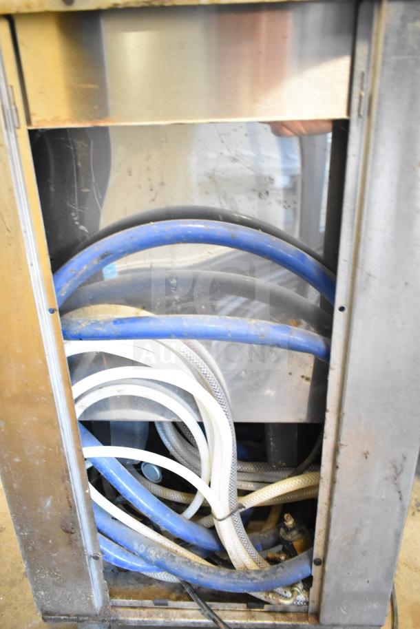 Commercial 6-flavor carbonated beverage machine on Servend DI-1522 ice bin, showing internal tubing. 115V, 1 Phase. Used.