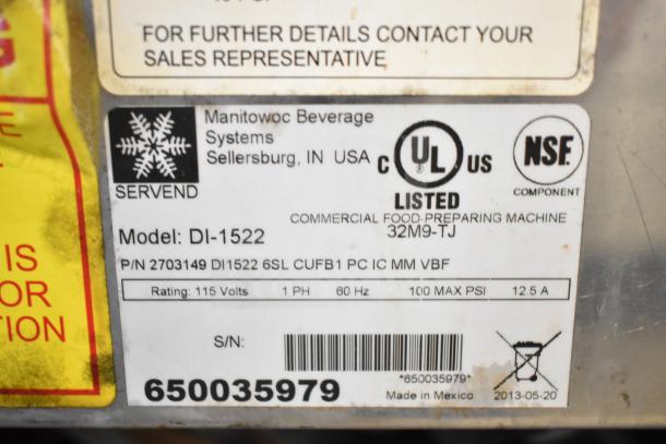 Manitowoc Servend DI-1522 beverage machine label showing 115 volts, UL and NSF listings. Serial number 650035979.