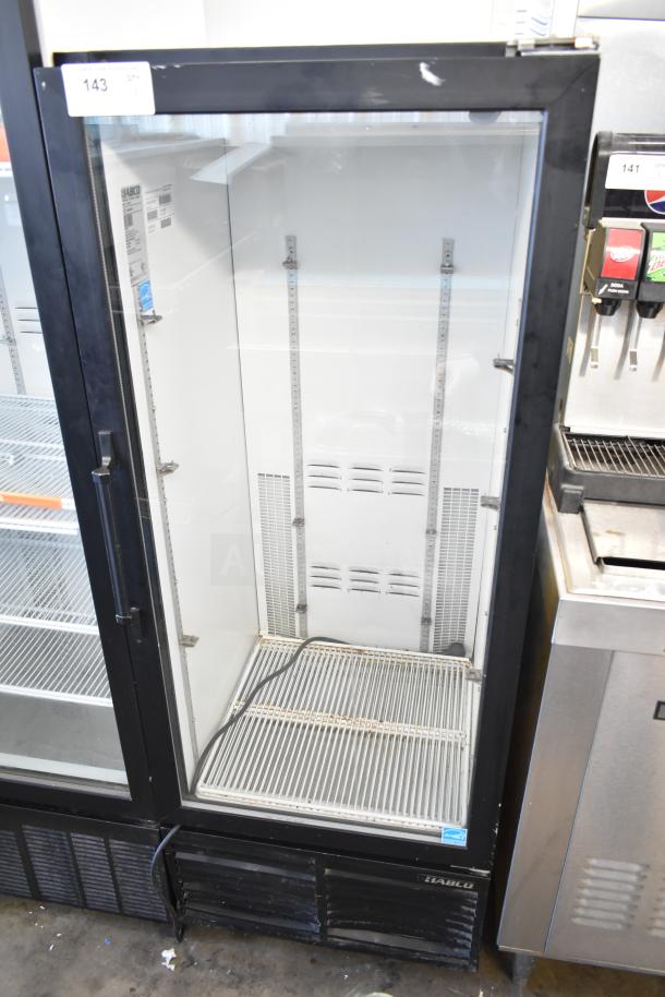 Habco ESM12 commercial single door cooler, glass front, metal shelves, 115 volts, 1 phase, good condition, visible labels.