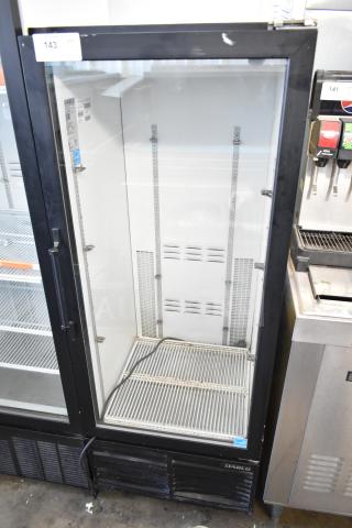 Habco ESM12 commercial single door cooler, glass front, metal shelves, 115 volts, 1 phase, good condition, visible labels.