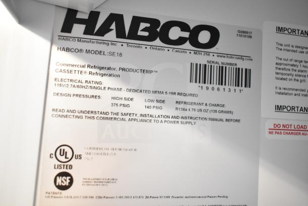 2019 Habco SE18 Commercial Single Door Reach In Cooler, 115V, 1 Phase, UL and NSF listed, model label shown.