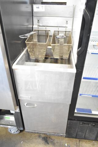 2016 Pitco Frialator 35C fryer, natural gas, 90,000 BTU, dual baskets, stainless steel, used condition, label showing model.