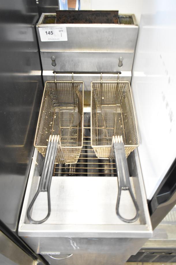 2016 Pitco Frialator 35C commercial deep fat fryer, floor style, natural gas, 90,000 BTU, dual baskets, used condition.