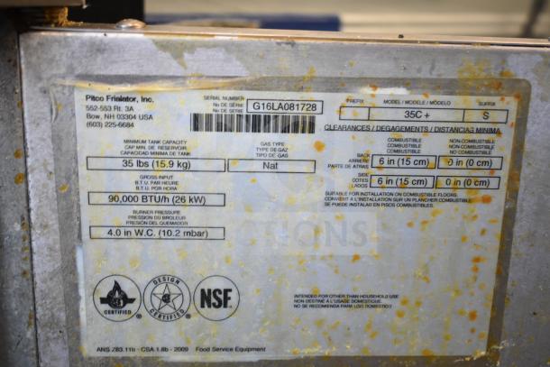 2016 Pitco Frialator 35C fryer, 90,000 BTU, natural gas, floor style, commercial use, NSF certified, model 35C.