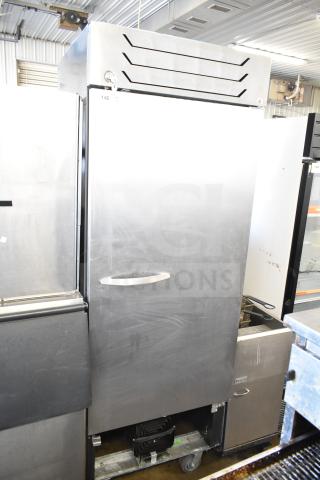 Beverage Air SR1HC-1S single door reach-in cooler, stainless steel, on commercial casters, 120 volts, used condition.