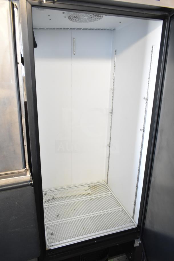 Beverage Air SR1HC-1S commercial cooler, single door, on casters. Interior shown, 120 volts, 1 phase, stainless steel exterior.