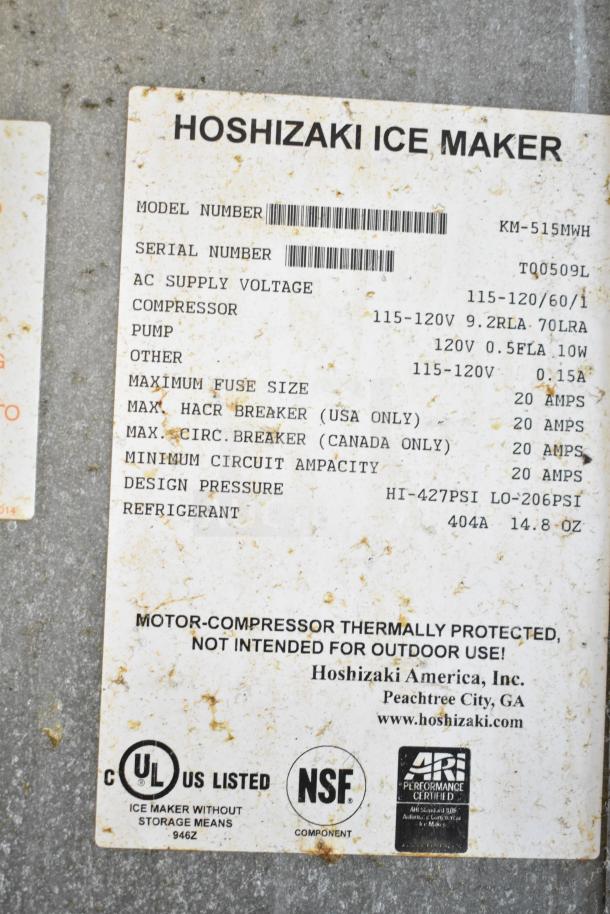 Hoshizaki KM-515MWH Ice Maker label detailing model, serial number TQ0509L, voltage 115-120V, UL and NSF certified.
