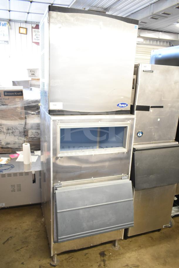 Atosa YR800-AP-261 commercial ice head with bin, stainless steel, 230 volts, visible Atosa logo, used condition.