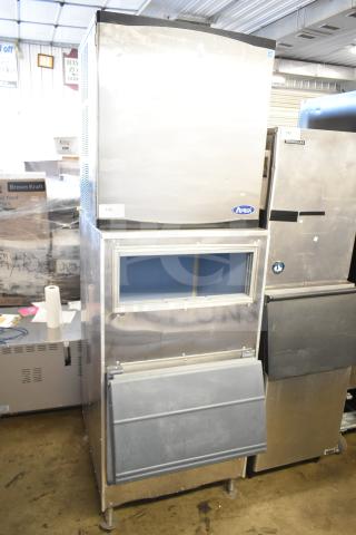 Atosa YR800-AP-261 commercial ice head with bin, stainless steel, 230 volts, visible Atosa logo, used condition.
