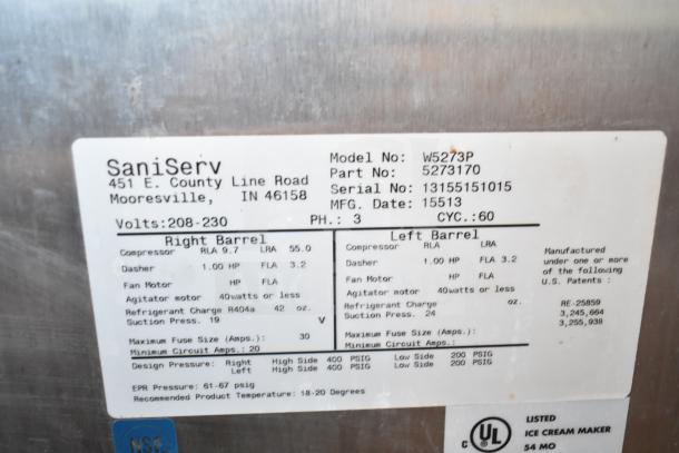 SaniServ W5273P commercial soft serve machine label, details model, part, and serial numbers, power specs, and manufacturer info.
