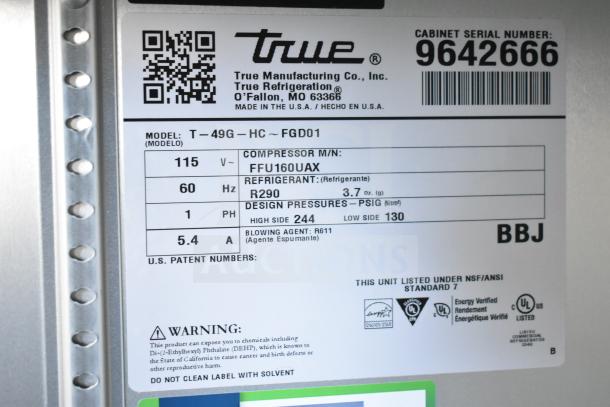 Label of 2019 True T-49G-HC Cooler, shows model, serial number, 115V, phase 1, refrigerant R290, Energy Star rated.