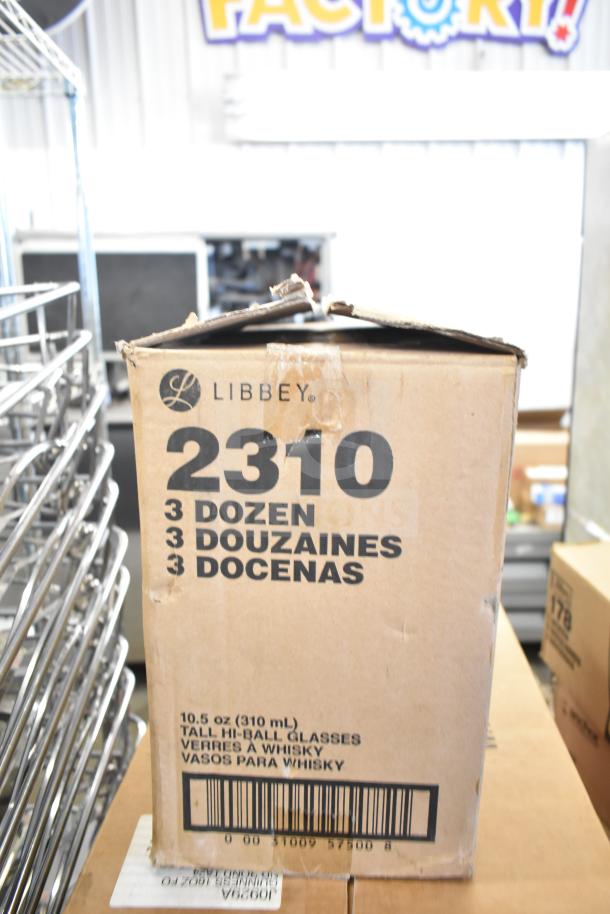 Box labeled "Libbey 2310," containing three dozen 10.5 oz tall highball glasses, customizable, new condition.