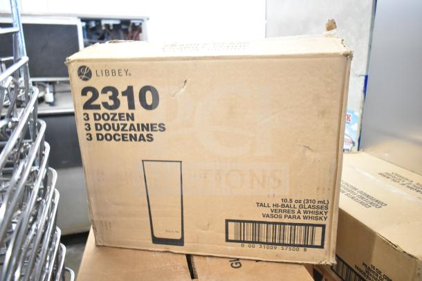 Box of Libbey 2310 Lexington 10.5 oz. customizable tall highball glasses, labeled for 3 dozen, visible barcode.