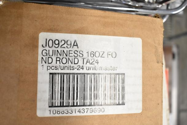 Label on box for J0929A Guinness 16 oz. glasses, 24 units per master case. Box indicates 6 items, including Libbey glasses.