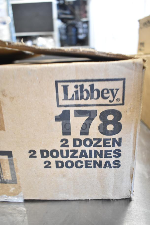 Box labeled "Libbey 178" containing 2 dozen customizable 10 oz. pilsner glasses. Part of a set including highball and beer glasses.