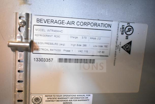 Beverage Air WTR48AHC cooler label detailing model, refrigerant R290, 115V, 1 phase. UL listed for commercial use.