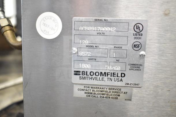 Bloomfield 8572 Commercial Coffee Machine label. 3 burners, hot water dispenser, 120V, 1 phase. Model 8572, UL and NSF listed.