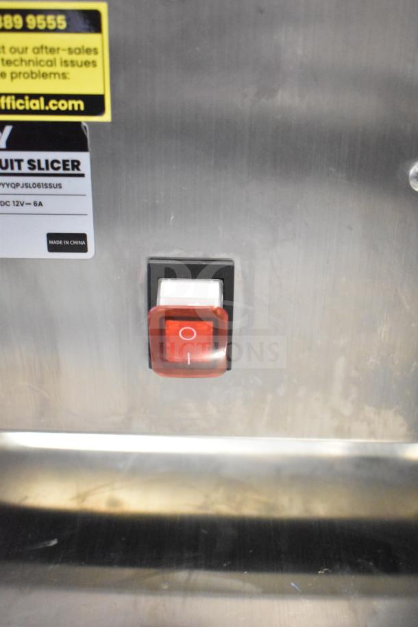 PYY PYYQPJSL061SSUS commercial slicer, stainless steel, visible label with model, red switch. Made in China.