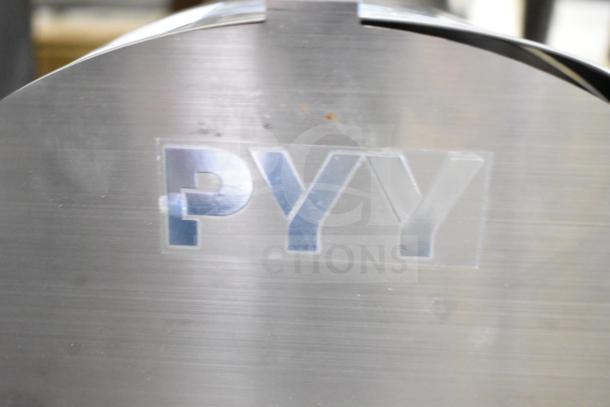 PYY PYYQPJSL061SSUS commercial slicer, stainless steel, showing brand logo. Used for slicing vegetables and fruits.