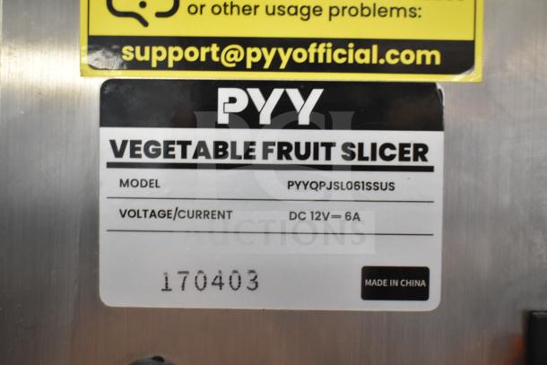 PYY PYYQPJSL061SSUS Commercial Vegetable/Fruit Slicer, DC 12V 6A, model tag shown, made in China.