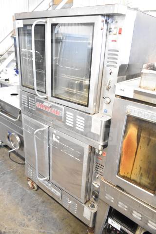 Blodgett commercial gas convection oven, full-size, stainless steel, dual stacked. Used condition with visible wear.