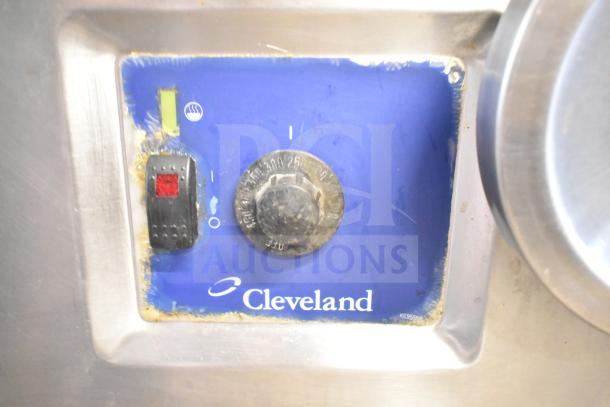 Cleveland Commercial 30 Gallon Braising Pan control panel showing temperature dial and power switch. Brand logo visible.