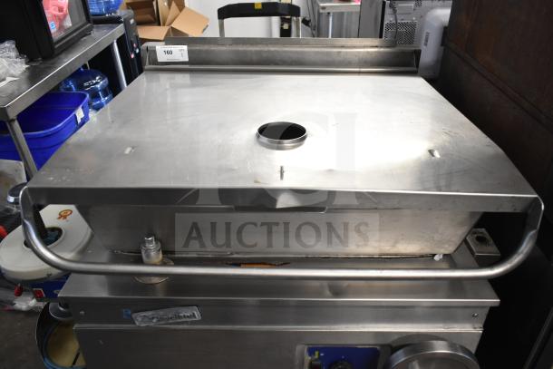 Cleveland Commercial 30 Gallon Braising Pan, stainless steel, used condition, visible Cleveland logo, metal handle, round lid opening.