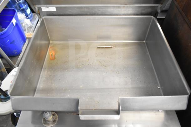 Cleveland Commercial 30 Gallon Braising Pan, stainless steel, visible wear and staining, industrial kitchen equipment.