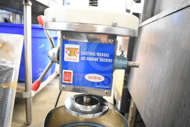 2022 CH-IS700 Commercial Electric Ice Shaving Machine, countertop model, blue panel with on/off switch, "Golden Anvil" logo.