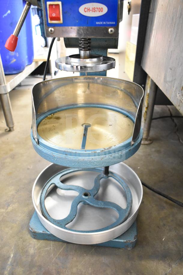 2022 CH-IS700 Commercial Electric Ice Shaving Machine, blue and silver, countertop model, visible wear, Made in Taiwan.