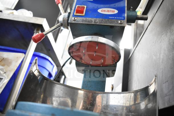 2022 CH-IS700 Electric Ice Shaving Machine, model CH-IS700. Blue casing, red handles, good condition, "Made in Taiwan" label.