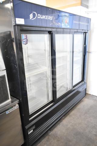 Dukers DSM-68SR Commercial 3 Door Reach-In Cooler, 115V, 1 Phase, black exterior, visible shelving, warranty label.