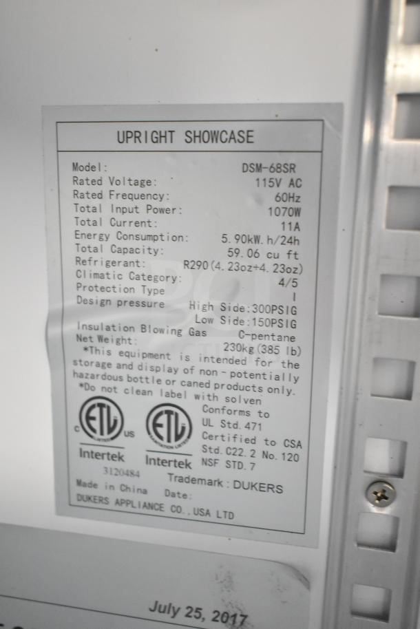 Dukers DSM-68SR Cooler label detailing 115V AC, 1070W power, R290 refrigerant, 59.06 cu ft capacity, ETL certified.
