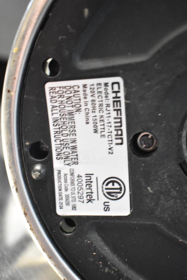 Chefman electric kettle base, model RJ11-17-CTI-V2, 120V, 60Hz, 1500W. Label cautions for household use only. Made in China.