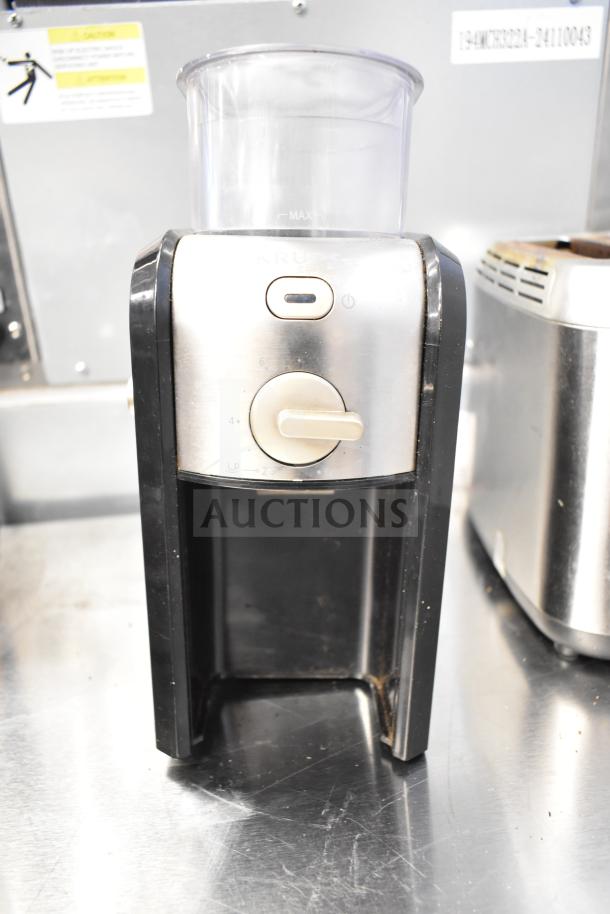 Krups GVX212/6W0 grinder with dial settings, stainless finish, lightly used. Part of a lot with Black & Decker toaster and Chefman pitcher.